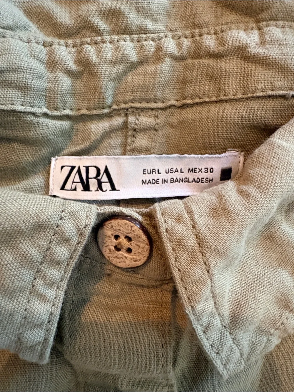 ZARA Khaki Green Utility Washed Linen Jumpsuit L